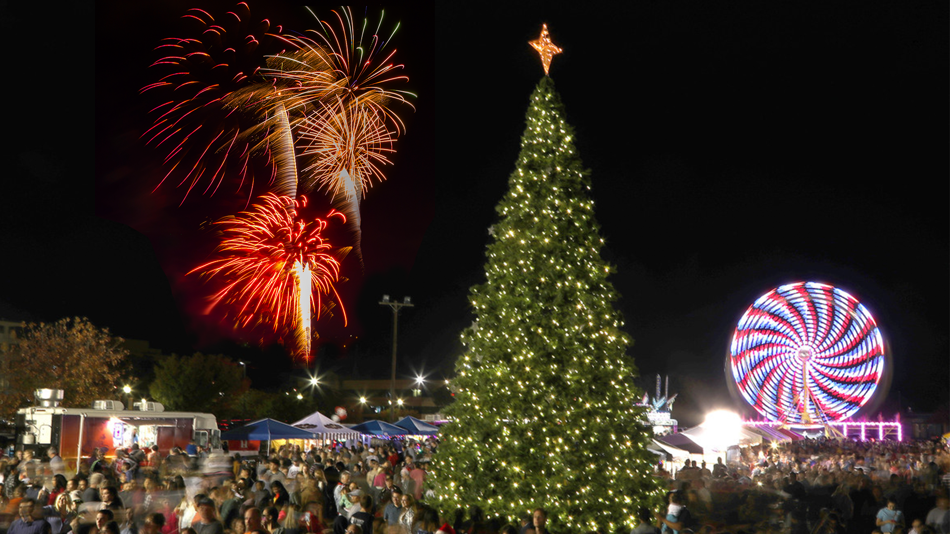 Picture of Waco Wonderland fireworks, tree and Ferris wheel