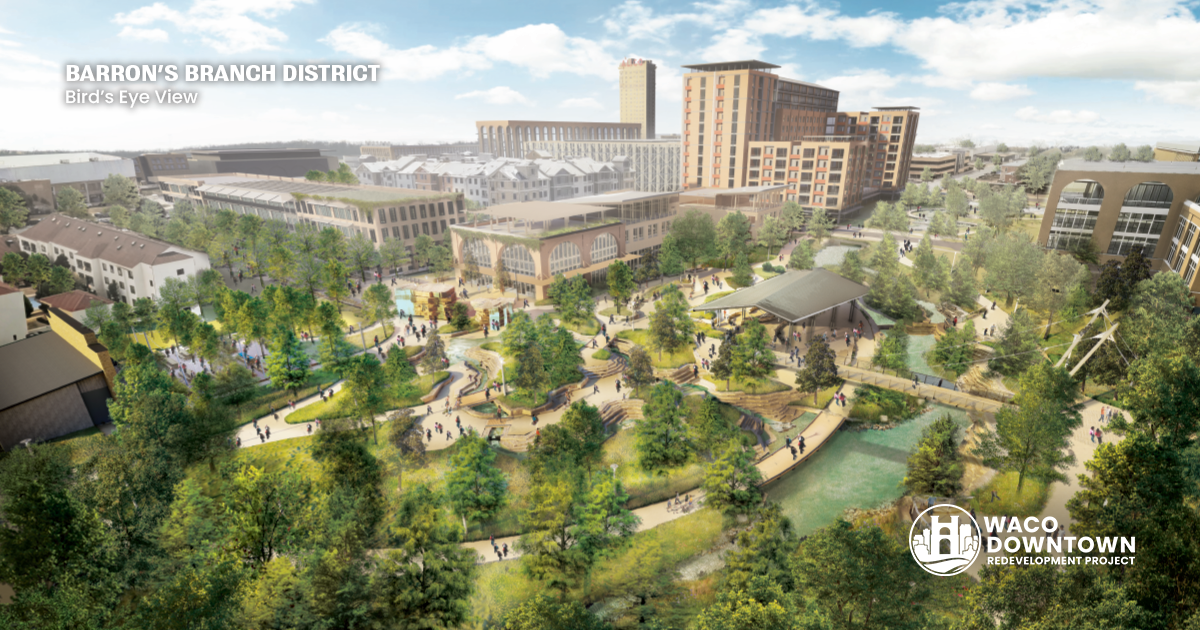 Aerial view of Barron's Branch Park rendering in Downtown Waco
