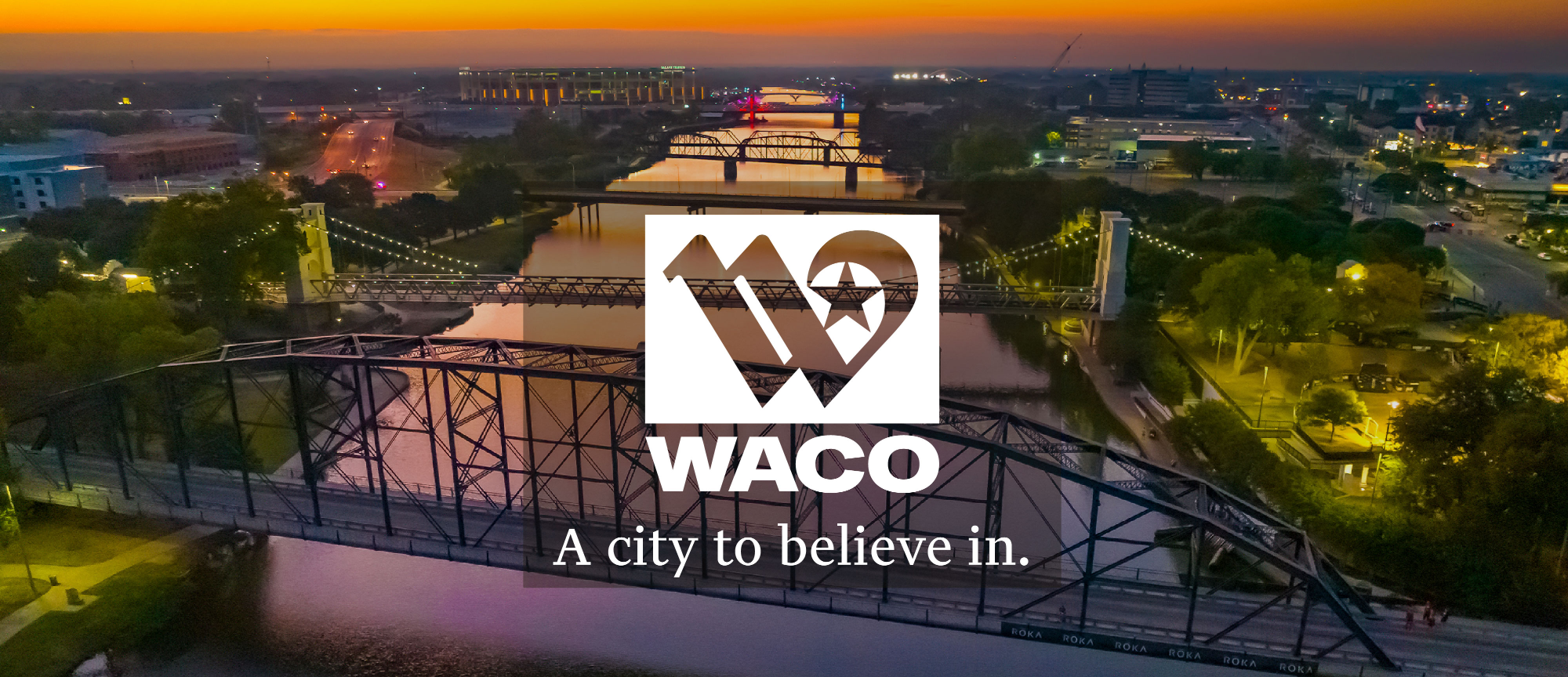 Morning view of the bridges over the Brazos River in downtown Waco