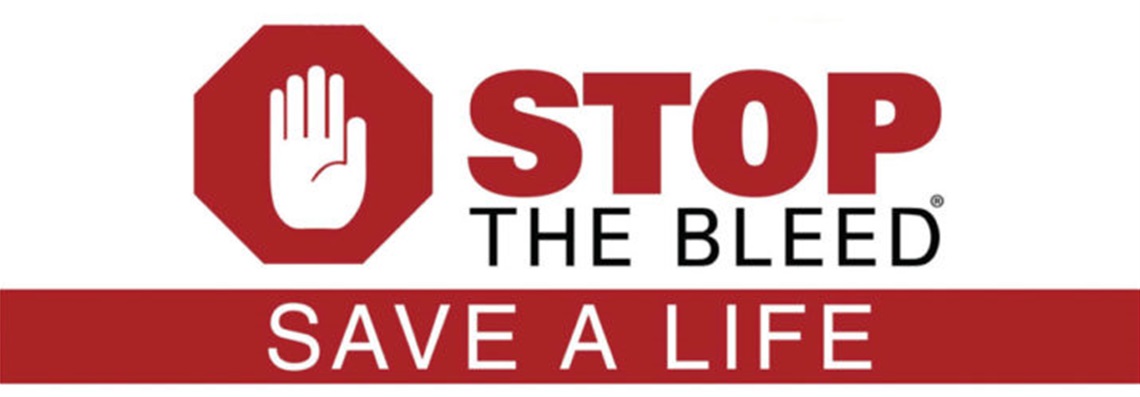 Red and white logo that says Stop the Bleed - Save a Life.