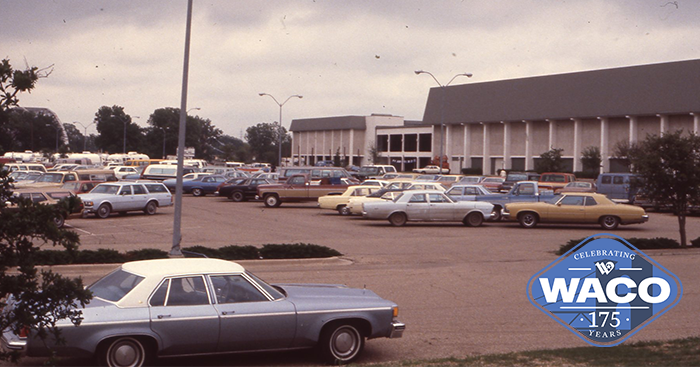 Sepia toned photo of the Waco Convention Center parking lot
