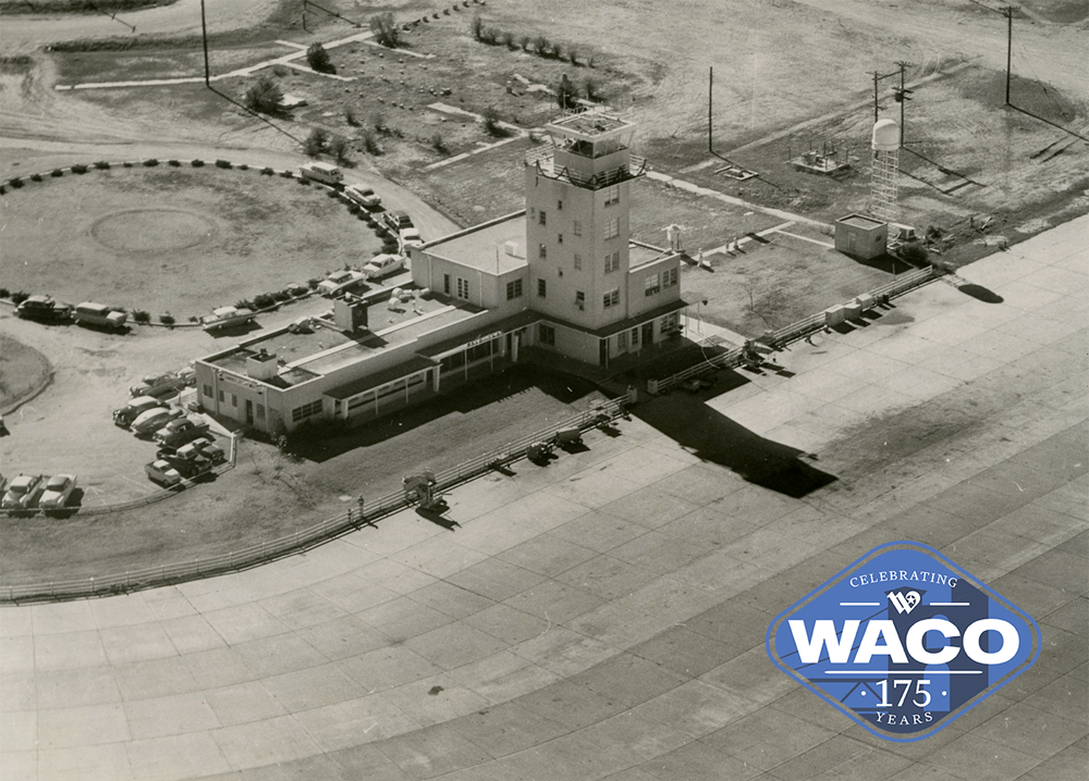 Black and white aerial photo of Waco Municipal Airport