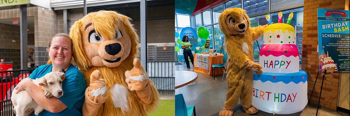 Chanse the dog mascot with animal shelter staff and dog