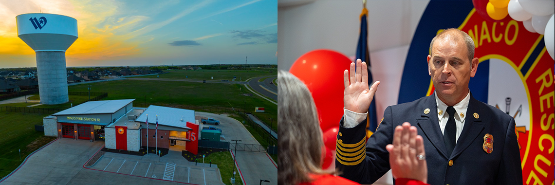 Aerial view of Waco Fire Station with water tower in the background. And Chief Robby Bergerson getting sworn in.