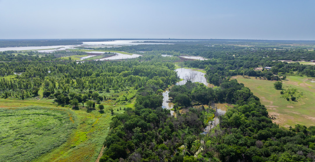 aerial view of the Waco wetlands where water enters Lake Waco.