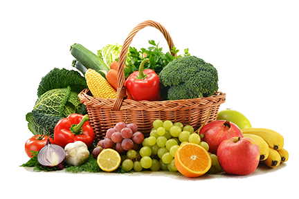 Colorful basket of various fruits and vegetables.