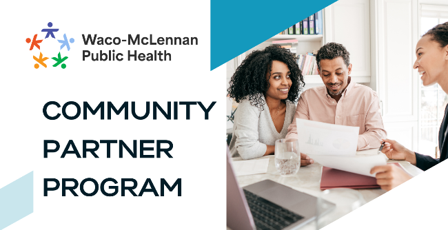 Banner for Community Partner Program with female helping couple fill out paperwork.