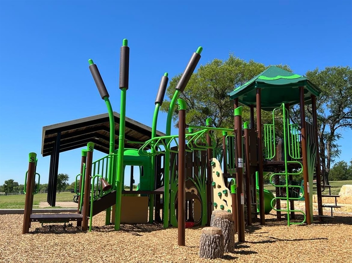 Photo of Buena Vista Park playground, with park pavilion in background.