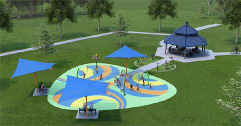 Aerial rendering of new splash pad and pavilion at Chapel Park.