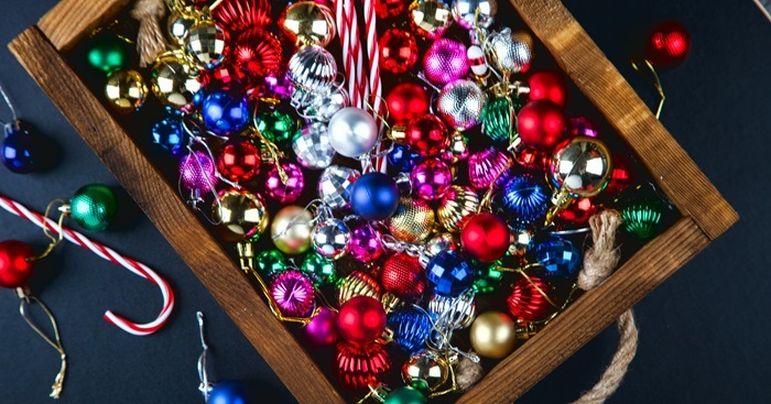 A box of Christmas ornaments and decorations