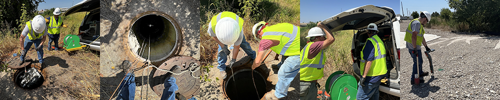pictures of utilities staff finding a manhole
