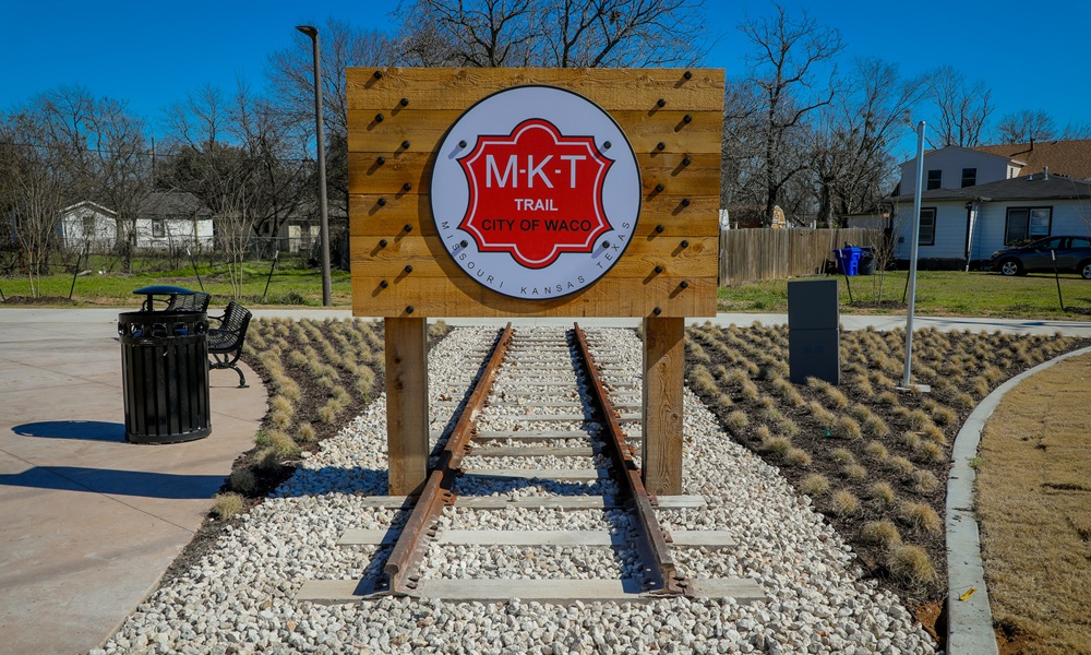 Trailhead sign made with salvaged railway parts