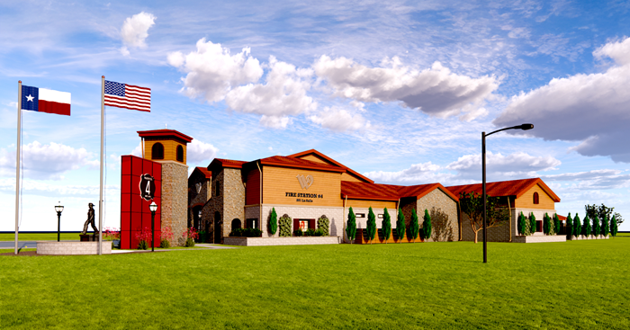 Rendering of new Fire Station 4 with brick facade and red roof.