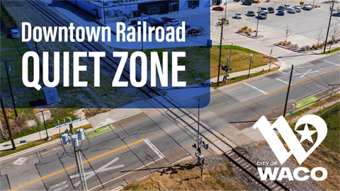 Aerial view of railroad crossing in Downtown Waco