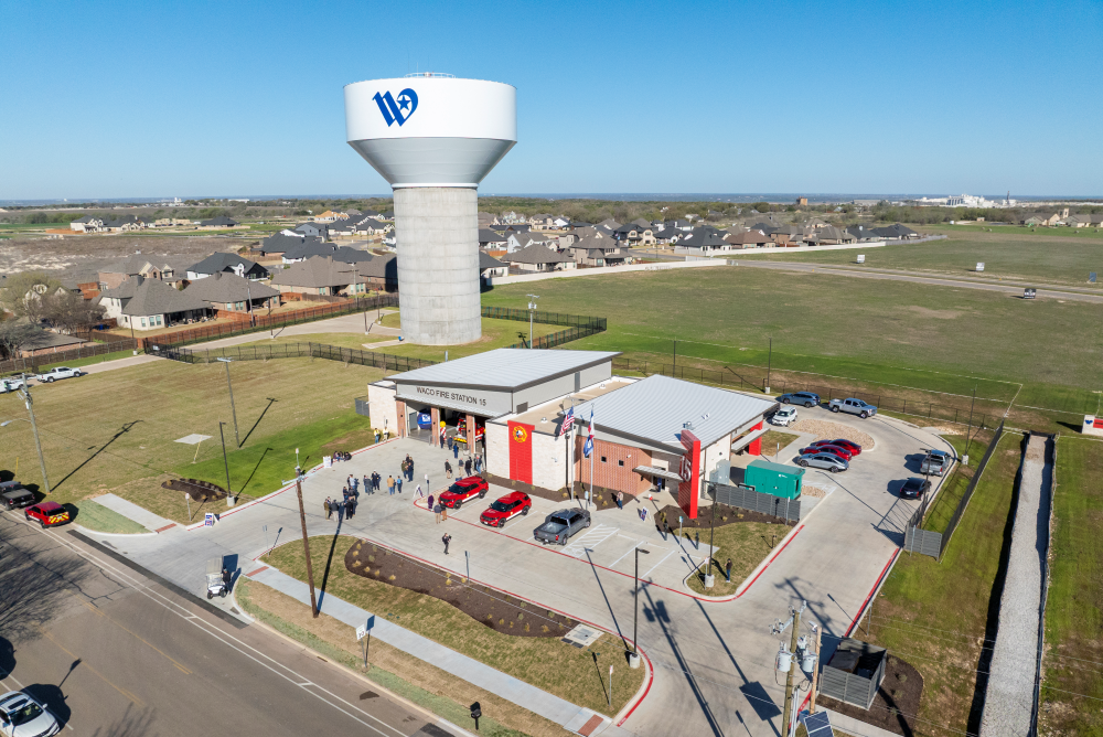 Aerial view of Fire Station 15. Water tower in the background.