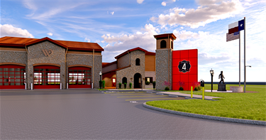 Fire Station 4 public entrance rendering with front fire engine bays.