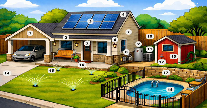 A house with a pool and shed with numbers that correspond to the features outlined in the accordions